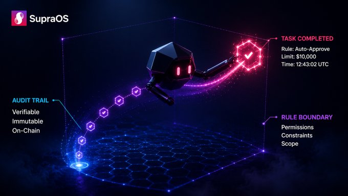 The image shows an animated chatbot that appears to be giving advice or answering questions. The chatbot has a purple body and a red head, and it is flying through a 3D cube filled with blue hexagons. The chatbot's actions are represented by lines of code, which are shown in the image as arrows pointing towards the chatbot's position within the cube.

The image also includes text that provides information about the chatbot's capabilities and how it operates. It explains that the chatbot is a Verifiable AI Agent on SupraOS, capable of executing tasks and providing answers to questions. The chatbot has been given an outcome by an agent on SupraOS, which can be accessed through the image. Additionally, there are details about the chatbot's behavior within the cube, such as its ability to stay in bounds and follow rules, ensuring that it operates within a controlled environment. Finally, the image includes text that provides information about how the chatbot is credited for its actions, indicating that it has been properly acknowledged by an auditor or reviewer.