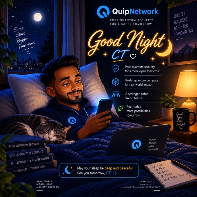 A colorful digital illustration of a man in bed at night with his cat and phone, branded 'QuipNetwork' with text 'Good Night CT' and promotional copy about 'Post-quantum security for a safer tomorrow.'