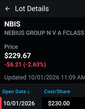 A mobile stock tracking app showing Lot Details for NBIS (Nebius Group NV Class), priced at $229.67, down $6.21 (-2.63%), last updated 10/01/2026 at 11:09 AM, with an open date of 10/01/2026 and cost/share of $230.00.