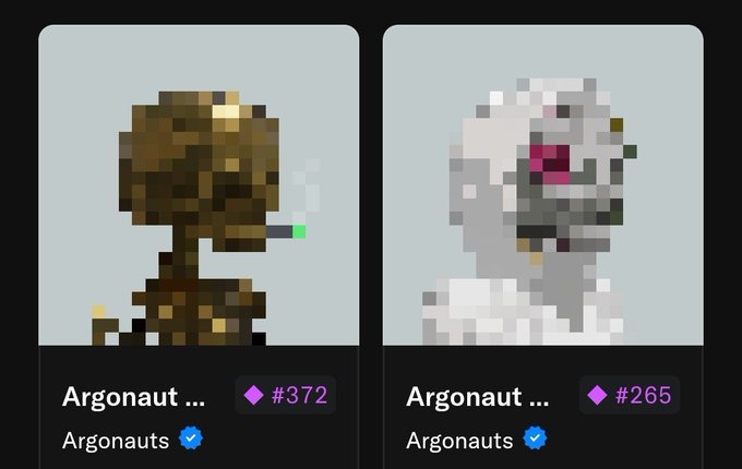 Two NFT profile images from the 'Argonauts' collection (tokens #372 and #265) showing pixelated characters — one brown-skinned smoking, one silver-skinned with a pink eye.