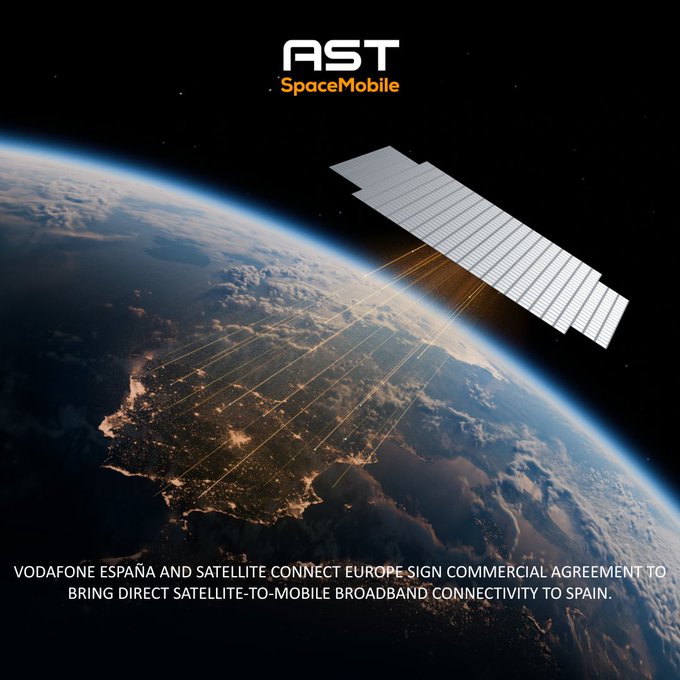 A promotional image featuring the AST SpaceMobile logo at the top shows a satellite with solar panels beaming connectivity down to the Iberian Peninsula from orbit. The caption reads: "VODAFONE ESPAÑA AND SATELLITE CONNECT EUROPE SIGN COMMERCIAL AGREEMENT TO BRING DIRECT SATELLITE-TO-MOBILE BROADBAND CONNECTIVITY TO SPAIN." This relates to $ASTS by highlighting the company's partnership to deploy direct satellite-to-mobile broadband services in Spain.