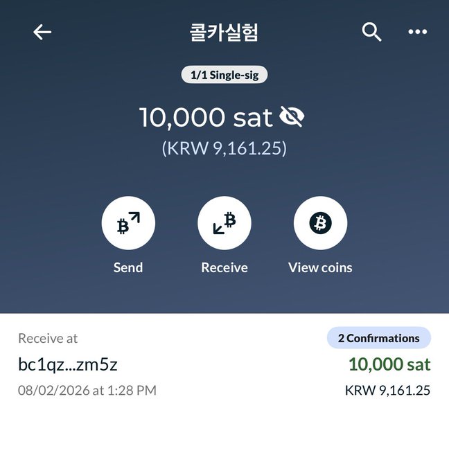 Mobile screenshot of a Bitcoin/crypto wallet app showing a balance of 10,000 sat (KRW 9,161.25) with Send, Receive, and View coins options, displaying a received transaction at address bc1qz...zm5z.