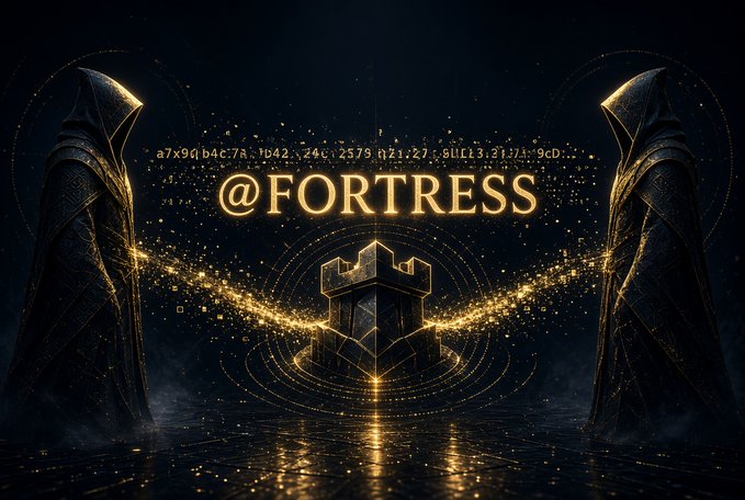 A dark, stylized graphic features two hooded figures facing a central fortress emblem surrounded by golden digital particles, with the text '@FORTRESS' displayed prominently.