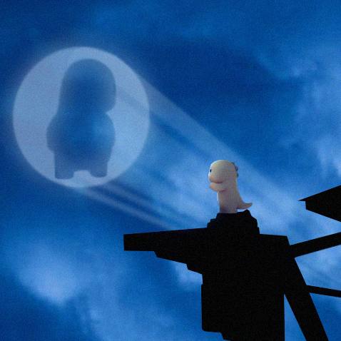 A surreal scene depicts a small figure standing on a dark rooftop, with a beam of light projecting its shadow onto a glowing circular shape in the cloudy blue sky.