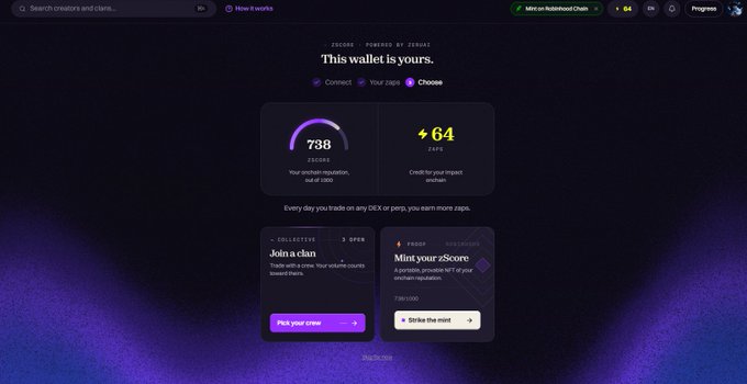 A screenshot of a dark-themed cryptocurrency dashboard titled 'This wallet is yours,' showing a reputation score of 738 and 64 RAPS, with options to join a clan or mint a zScore NFT.