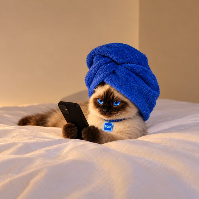 A Siamese kitten with bright blue eyes lies on a white bed wearing a blue towel wrapped like a turban, holding a black smartphone, with a tag reading 'BOMI'.