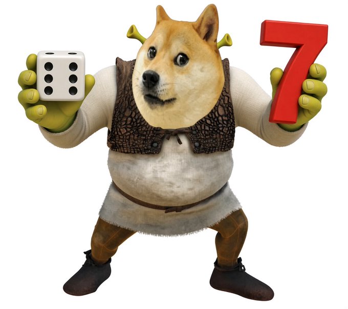 A digitally edited image of a Shiba Inu dog's face on the body of the cartoon character Shrek, holding a white die in one hand and a red '7' in the other.