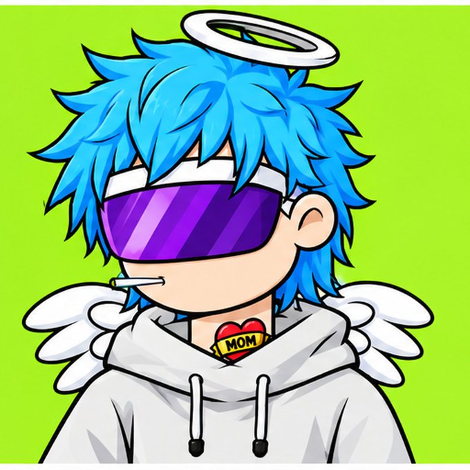 A cartoon angel character with blue spiky hair, a halo, purple visor, and white hoodie featuring a "MOM" heart tattoo and angel wings serves as the mascot for the "3333 ANTHOODS" NFT collection being promoted for a free mint on RobinhoodCrypto and OpenSea.