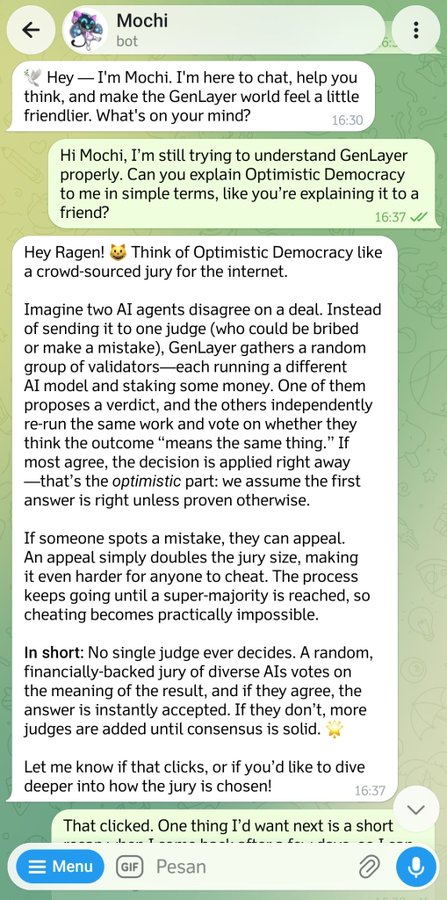 Telegram chat screenshot with a bot named "Mochi" explaining Optimistic Democracy as a crowd-sourced jury system for AI decisions.