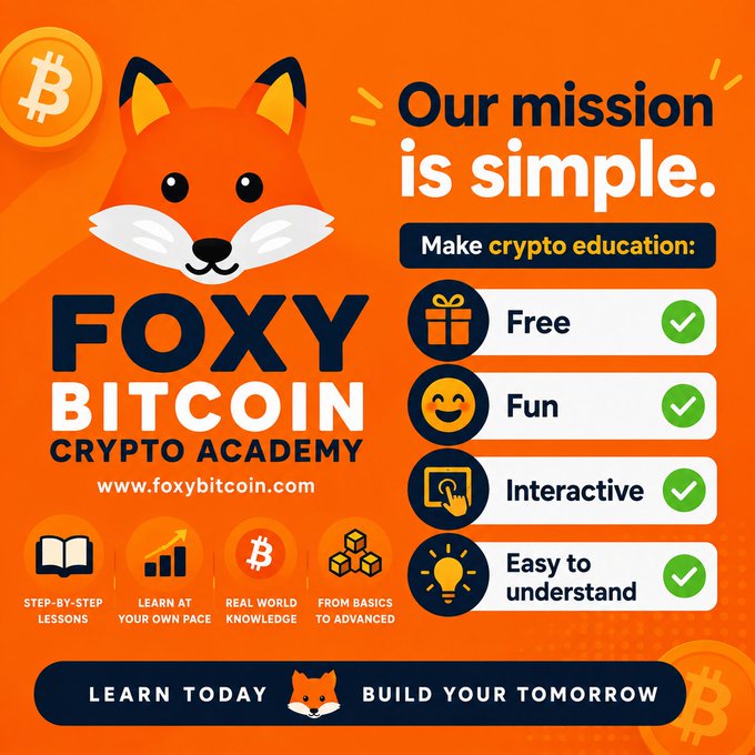 A promotional graphic for "FOXY BITCOIN CRYPTO ACADEMY" featuring an orange fox mascot and the website www.foxybitcoin.com, advertising free, fun, and interactive crypto education with step-by-step lessons.