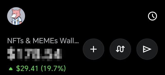 A screenshot of an NFT collection page titled 'NFTs & MEMEs Wall...' showing a price of '$29.41 (19.7%)' and a pixelated value of '$1[blurred]', with a fox avatar.