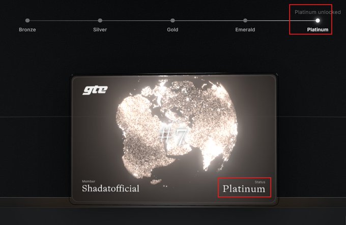 A 'gta' membership status screen showing a user named 'Shadatofficial' with a '#7' globe graphic, indicating they have unlocked the 'Platinum' status level.
