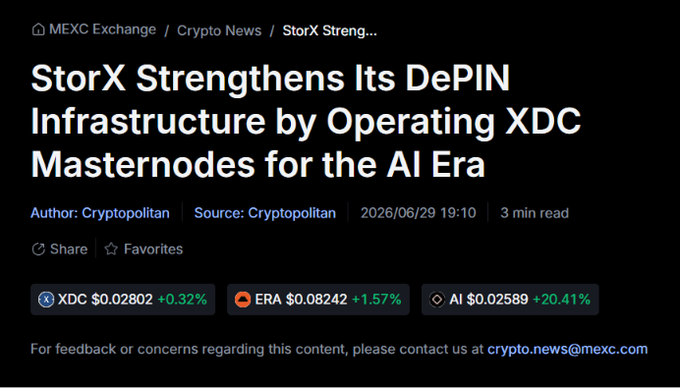 A MEXC Exchange crypto news article titled 'StorX Strengthens Its DePIN Infrastructure by Operating XDC Masternodes for the AI Era' by Cryptopolitan, dated 2026/06/29, showing prices for XDC ($0.02802), ERA ($0.08242), and AI ($0.02589).