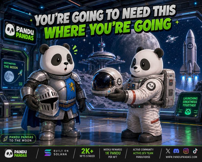 A promotional graphic for 'PANDU PANDAS' crypto/NFT project featuring two pandas in knight and astronaut armor with the text 'YOU'RE GOING TO NEED THIS WHERE YOU'RE GOING' and 'BUILT ON SOLANA'.