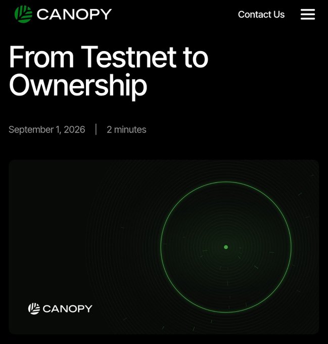 A dark-themed webpage header from Canopy with the title "From Testnet to Ownership," dated September 1, 2026, and a "2 minutes" read time, above a green radar-like circular graphic.