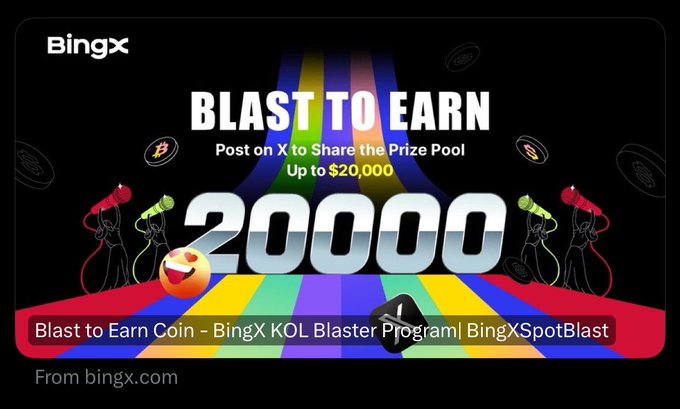 A BingX promotional banner for "BLAST TO EARN" offering a prize pool of up to $20,000 with silhouettes holding airhorns, related to the BingX KOL Blaster Program and BingXSpotBlast.