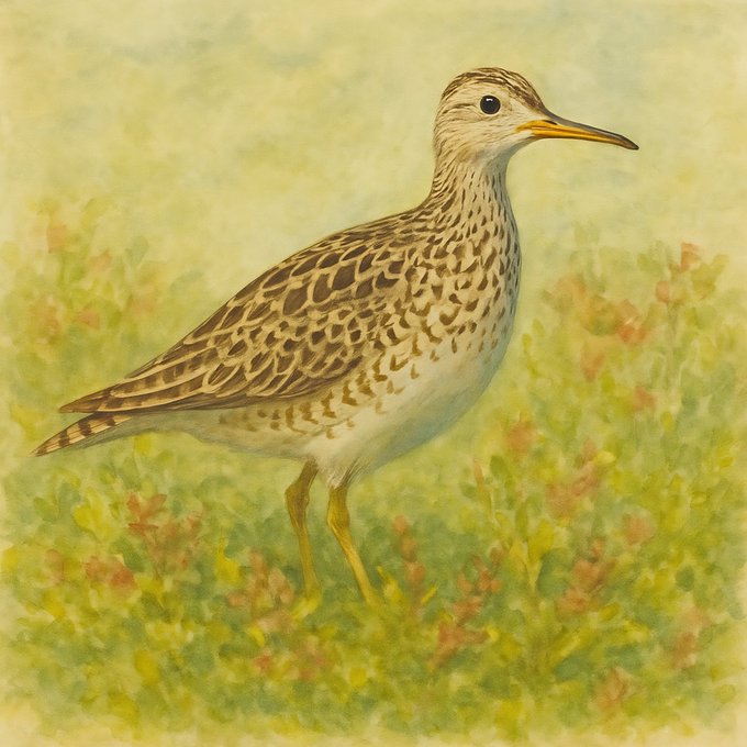 A detailed watercolor painting of a brown and white speckled sandpiper bird standing in a grassy field with wildflowers.