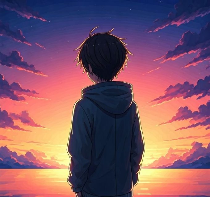 An anime-style illustration shows a boy with dark hair in a hoodie viewed from behind, looking out at a vibrant orange and purple sunset over the ocean.