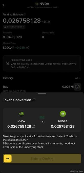 The image shows a phone screen displaying information about a cryptocurrency called NVDAB. It appears that someone has taken an existing tokenized version of NVDA (NvdA) and converted it into a new token, which they are now holding. The person might be interested in trying out the new tokenized securities feature on bStocks or is simply exploring different investment options. The image also includes a yellow button labeled "Slide to confirm" that could be used to initiate the conversion process.