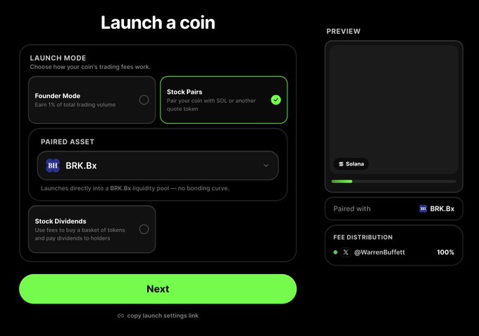 A "Launch a coin" interface on BagsApp showing the "Stock Pairs" launch mode selected, with BRK.Bx chosen as the paired asset and 100% of fees directed to @WarrenBuffett on X, as previewed on the right side. The image illustrates the new feature allowing users to launch tokens paired with tokenized stocks and share trading fees via X accounts.