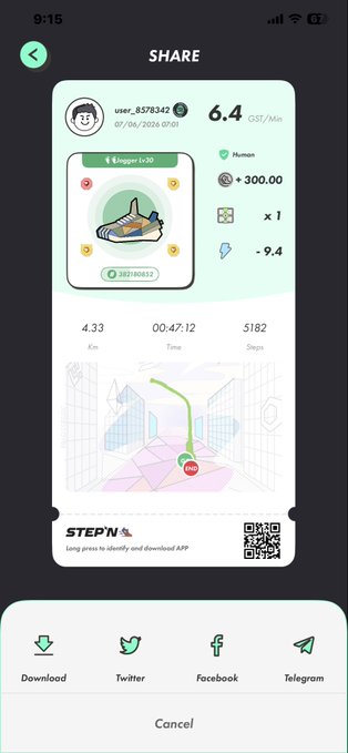 The image shows a screenshot of an app called Step n Share, which has been shared on Twitter. The app displays information about a runner's progress as they follow a route. A user's progress is being tracked, including steps taken, distance traveled, calories burned, and location data such as the time, date, and distance covered. It also features a step-by-step guide to help users understand their daily activity, and it offers options for followers to share the app with others by liking or replying to the post.