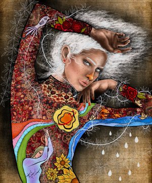 A striking mixed-media portrait features a woman with flowing white hair dressed in vibrant, patterned attire, surrounded by symbolic imagery including a dove, red roses, and falling tears. The artwork aligns with the "Share your 1/1" post as a one-of-a-kind piece of visual expression.