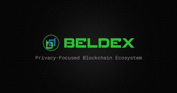 A logo screen for "BELDEX - Privacy-Focused Blockchain Ecosystem" in green text on a black background.