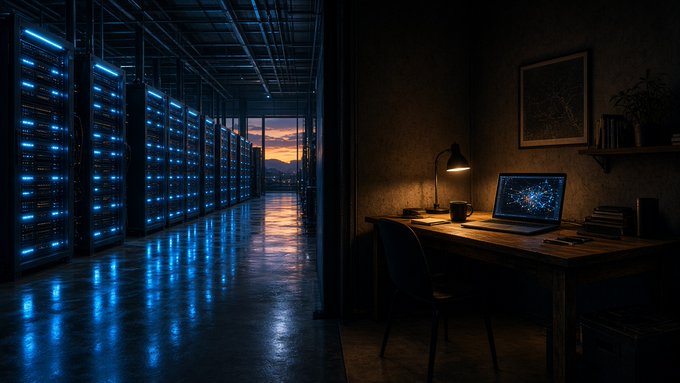 A split image showing a server room with glowing blue server racks on the left and a dimly lit workspace with a laptop on the right.