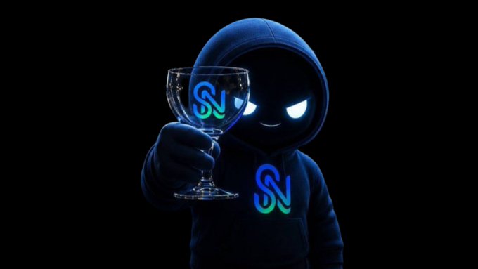 A 3D-rendered character in a dark hoodie with glowing white eyes, holding a wine glass that reflects a blue and green 'SN' logo, which also appears on their chest.