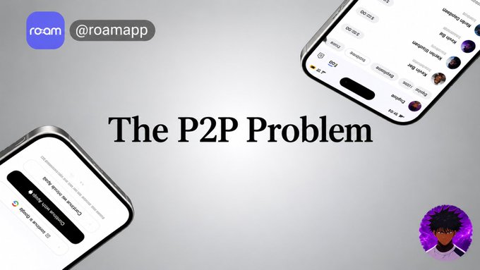 The image features the text "The P2P Problem" centered between two smartphones showing a messaging app interface, with the "roam" app logo and handle "@roamapp" in the top left corner. The post highlights how African freelancers lose significant money through poor bank conversion rates and problematic P2P trading options, which the "roam" app likely aims to solve.