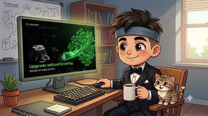 A cartoon illustration shows a boy in a tuxedo sitting at a computer desk with a cat, while the monitor displays 'CANOPY' with the text 'Upgrade without breaking. Iterate at warp speed.' alongside a glowing green tree graphic.