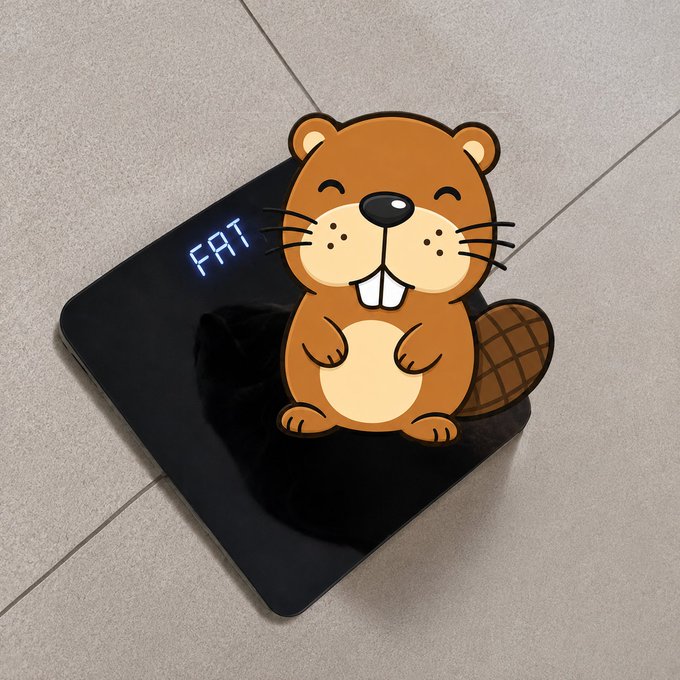 A cartoon beaver sticker with prominent front teeth placed on a black digital scale displaying 'FAT' in blue LED text.