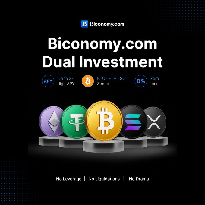 The image features a collection of five different cryptocurrencies, including Bitcoin, Etherium, Ripple, Litecoin, and Dash, all displayed against a black background with white text. The text above the image reads "BICONOMY.COM/dual investment", indicating that this is an advertisement for dual investment opportunities in cryptocurrency markets.