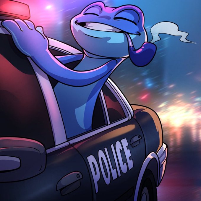 A cartoon frog leans out the window of a police car marked "POLICE," grinning with a glowing cigarette as city lights blur past in the background. The image playfully mirrors the post's excitement about "$SNEK" catching a quick bullish move, with the frog appearing to make a fast getaway like a meme-coin rally.