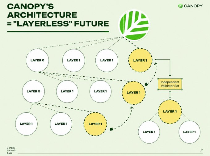 An infographic titled "CANOPY'S ARCHITECTURE = 'LAYERLESS' FUTURE" shows a diagram of LAYER 0 and LAYER 1 nodes connected to an Independent Validator Set.