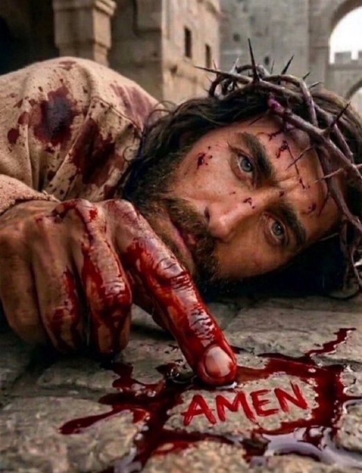 A bloody depiction of Jesus wearing a crown of thorns and lying on the ground, writing 'AMEN' in his own blood.