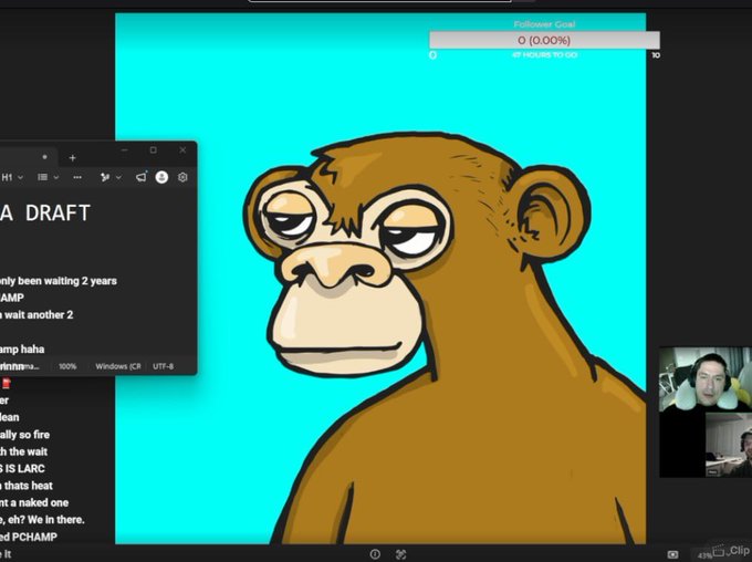 The image shows a livestream screenshot featuring a cartoon "Bored Ape" NFT character on a teal background, with a streamer visible in a small webcam window in the bottom right and a chat window displaying comments from users impatiently waiting for content, with one message reading "THIS IS LARC" - directly referencing the "LARC LEAK" post context.