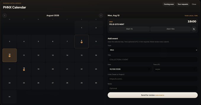 A user interface screenshot of the 'PHNX Calendar' showing August 2026, with an 'Add event' panel on the right for a 'COLLECTION / EVENT' on '10/08/2026'.