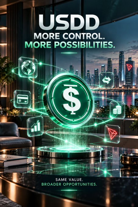 A futuristic cityscape backdrop frames a glowing green USDD coin hovering above a sleek marble surface, surrounded by holographic icons of a globe, credit card, chart, and Ethereum symbols representing its broader utility. Bold text reads "USDD - MORE CONTROL. MORE POSSIBILITIES" at the top and "SAME VALUE. BROADER OPPORTUNITIES" at the bottom, reinforcing the post's message of USDD as a stable-value digital asset within TRON's ecosystem that enables flexible financial use beyond simple holding.