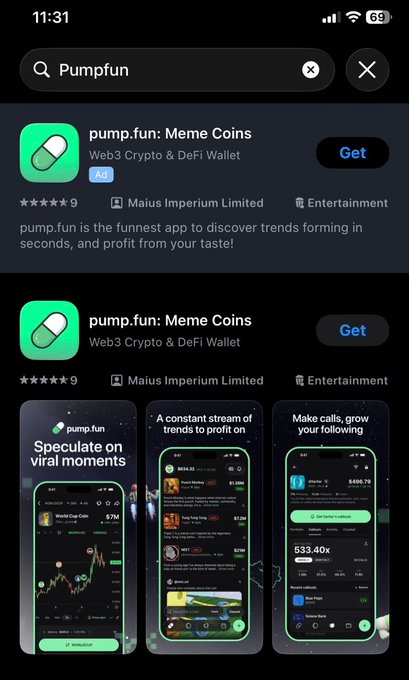 An App Store search results page showing 'pump.fun: Meme Coins', a Web3 Crypto & DeFi Wallet app by Maius Imperium Limited, with a 'Get' button and 5-star rating.