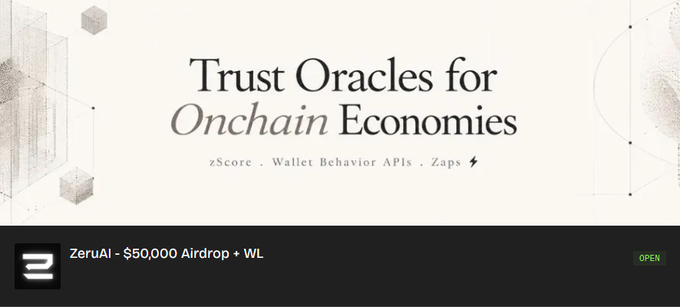 A promotional banner for ZeruAI advertising a "$50,000 Airdrop + WL" alongside their tagline "Trust Oracles for Onchain Economies" featuring services like zScore, Wallet Behavior APIs, and Zaps, which aligns with the post's description of ZeruAI building a behavioral intelligence layer that converts wallet activity into trust signals for credit, incentives, and access.
