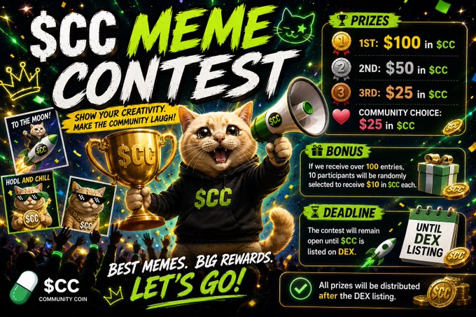 A promotional graphic for the "$CC Meme Contest" features a cat in a black hoodie shouting into a megaphone, advertising prizes of $100, $50, and $25 in $CC, plus a $25 community choice and bonus entries, with a deadline tied to a DEX listing. The contest's creative theme of "Cashcat's journey to a $1M market cap" complements the bold, meme-contest branding of the image.