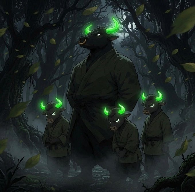A shadowy figure in a robe with glowing green bull horns stands tall among smaller horned followers in a dark, misty forest. The imagery ties to the bullish "let him cook" sentiment around $ANSEM, casting him as a powerful leader leading his memecoin community.