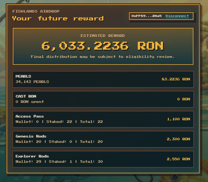 A pixelated interface from a game showing a 'FISHLANDS AIRDROP' with an estimated reward of '6,033.2236 RON', detailing Pearls, Access Pass, Genesis Rods, and Explorer Rods.