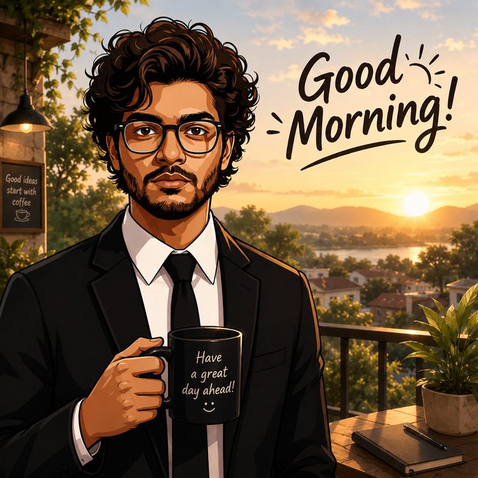 The image features a man dressed in a suit holding a coffee mug with "Good Morning!" written on it. The background shows a beautiful sunset over a city, suggesting that the photo was taken at an outdoor location like a patio or balcony. There is also a book visible in the scene, which could be related to the post's message about starting a new day and enjoying life.