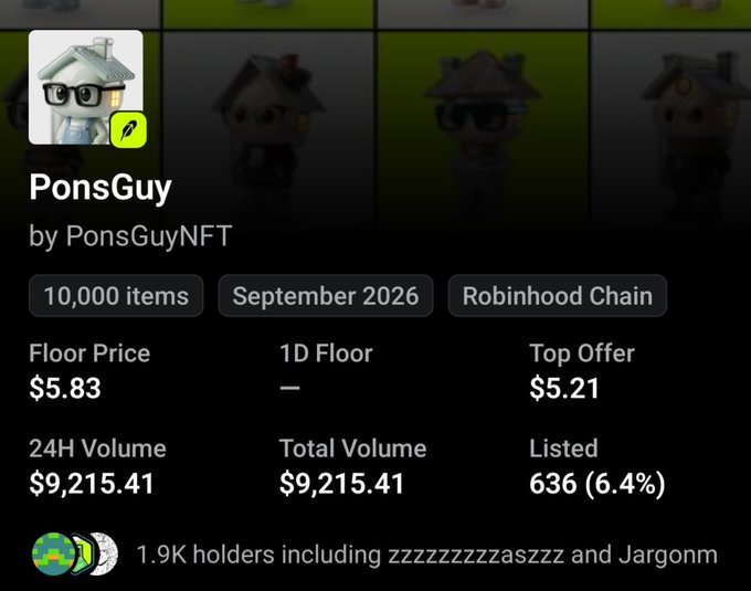 An NFT collection page for PonsGuy by PonsGuyNFT, with 10,000 items launching September 2026 on Robinhood Chain, showing a floor price of $5.83, $9,215.41 in 24H volume, and 1.9K holders.