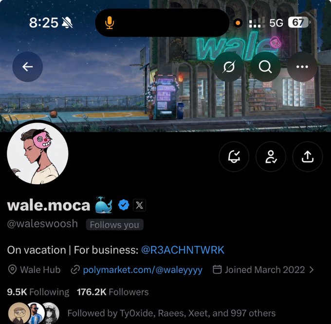 A social media profile screenshot for user 'wale.moca' (@waleswoosh) with the bio 'On vacation | For business: @R3ACHNTWRK', 9.5K Following, and 176.2K Followers, featuring a stylized profile picture.