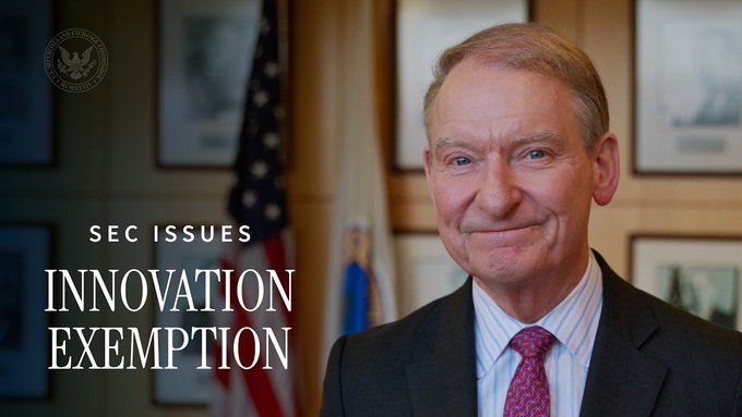 A man in a suit smiles with the U.S. flag and SEC seal behind him, with the overlay text 'SEC ISSUES INNOVATION EXEMPTION'.