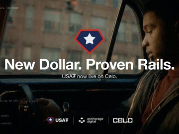 An advertisement features a young person sitting in a car with the text 'New Dollar. Proven Rails. USAT now live on Celo.', alongside logos for USAT, Anchorage Digital, and Celo.
