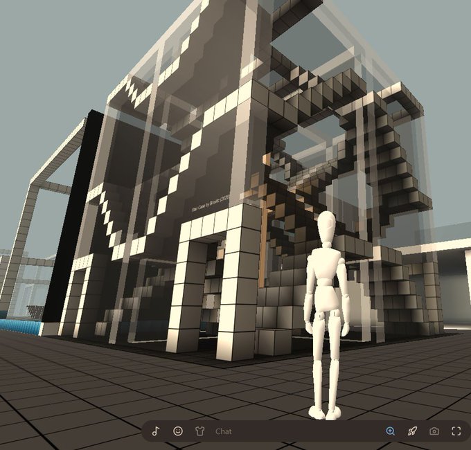 A 3D-rendered scene of a white mannequin standing before a Minecraft-inspired building made of pixelated blocks, with a 'Chat' interface bar at the bottom of the screen.